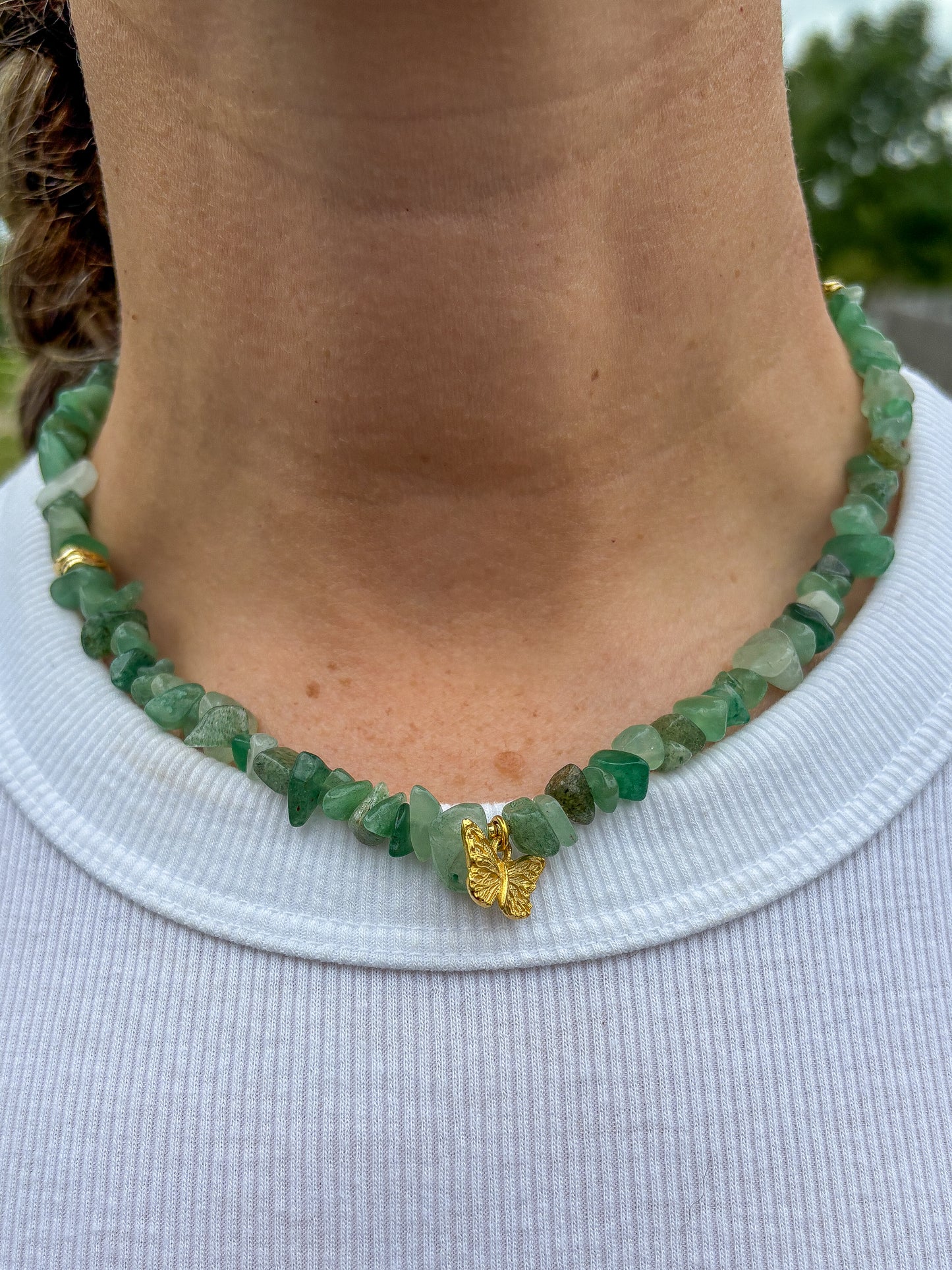 Green Aventurine Chip Necklace with Gold Butterfly Charm