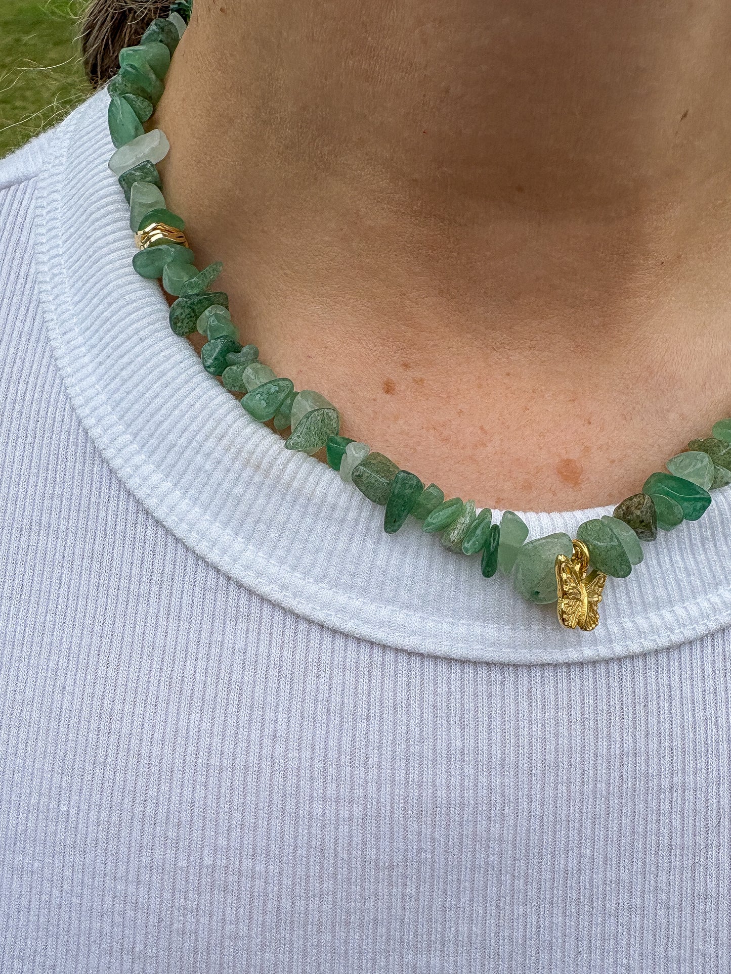 Green Aventurine Chip Necklace with Gold Butterfly Charm