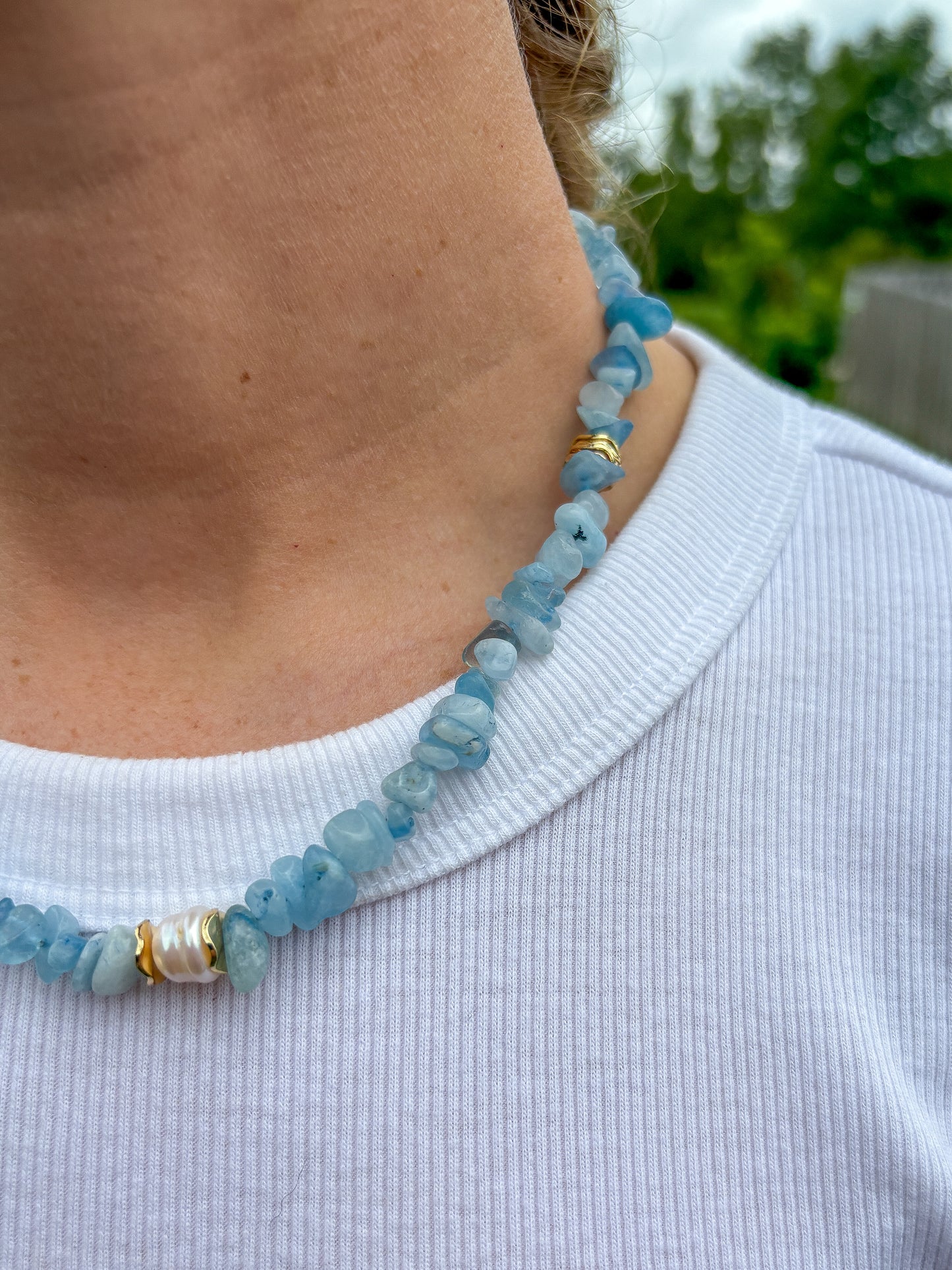 Aquamarine Chip Bead Necklace + Cultured Pearl