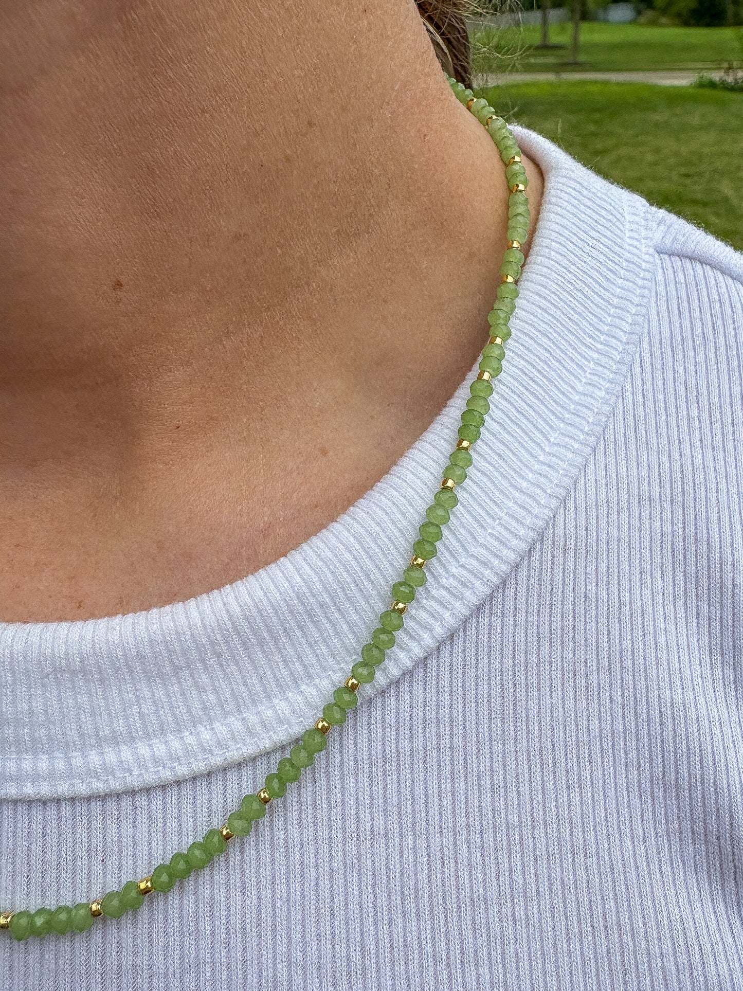 Dainty Green Crystal Necklace + Gold Accents