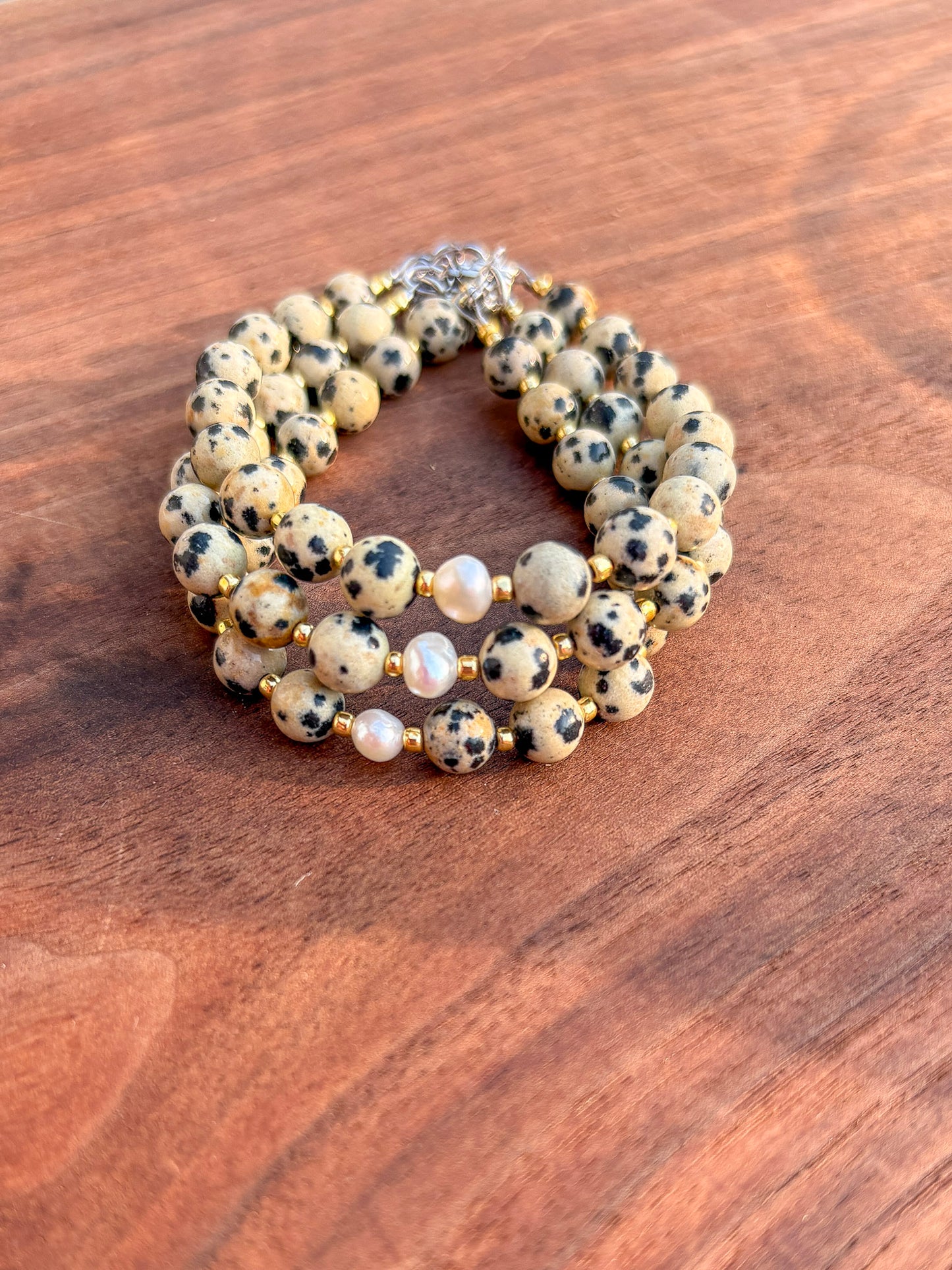 Jasper Dalmatian + Cultured Pearl Bracelet