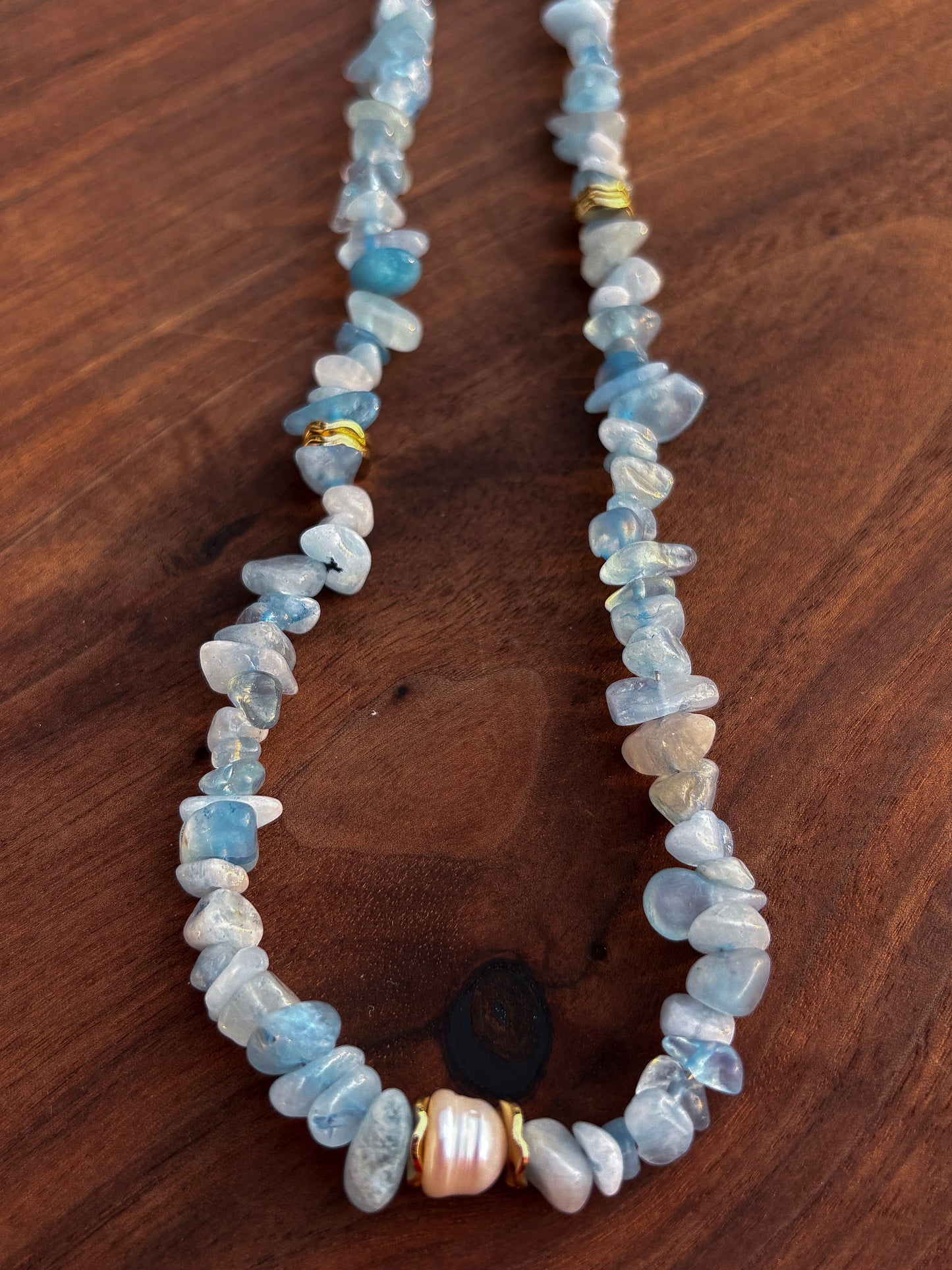Aquamarine Chip Bead Necklace + Cultured Pearl