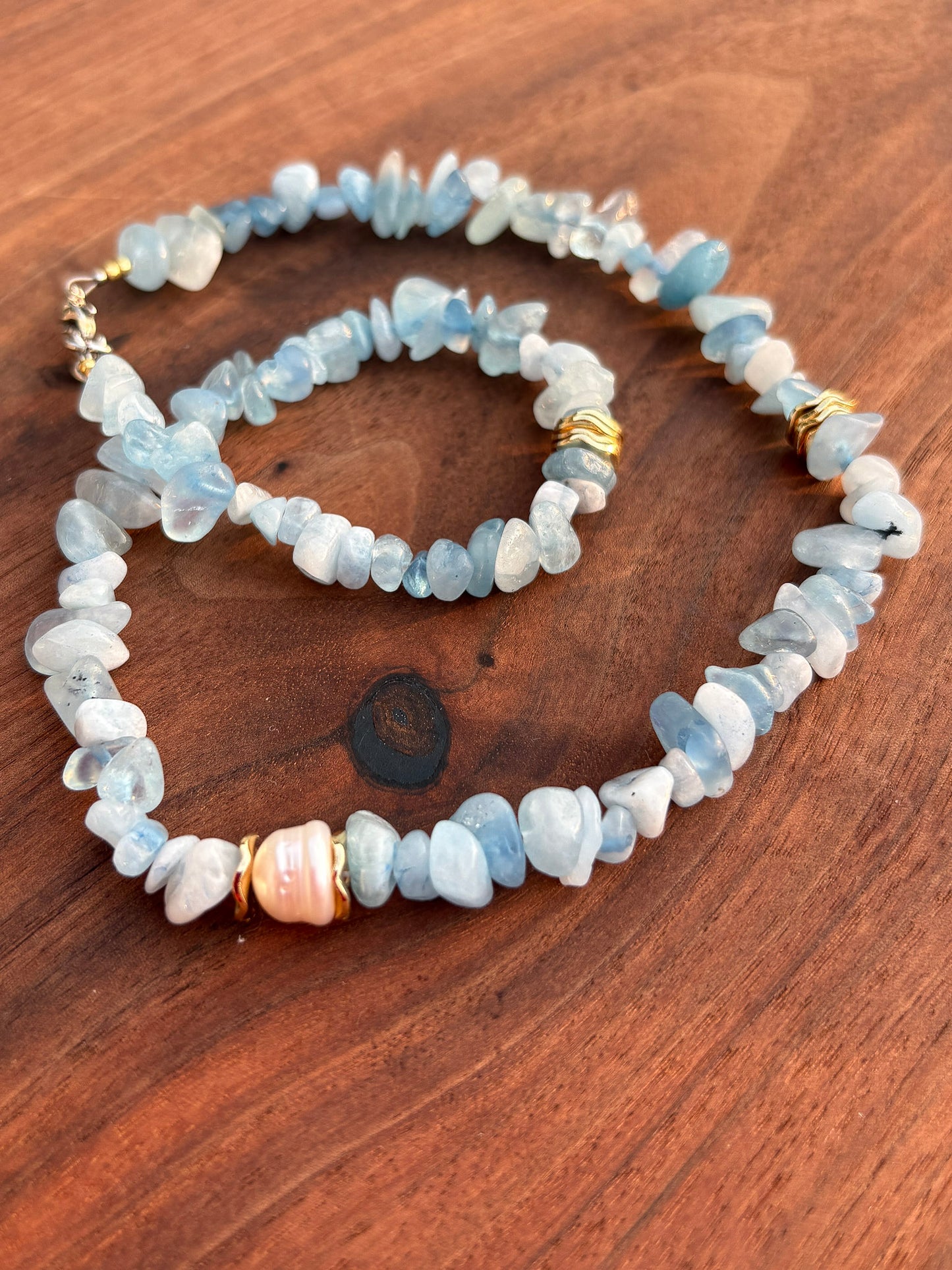 Aquamarine Chip Bead Necklace + Cultured Pearl
