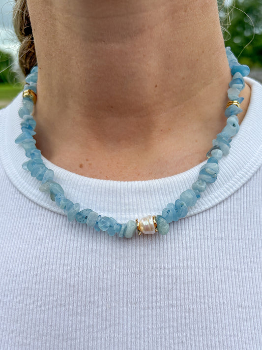 Aquamarine Chip Bead Necklace + Cultured Pearl