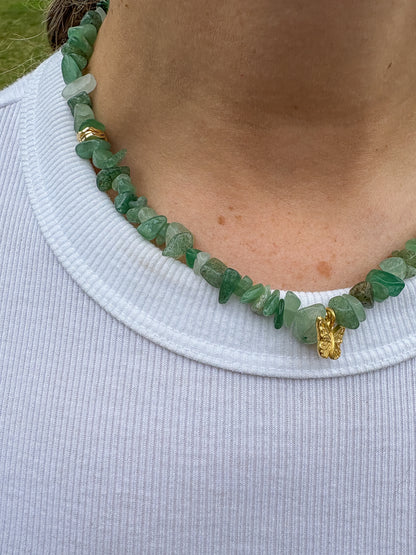 Green Aventurine Chip Necklace with Gold Butterfly Charm