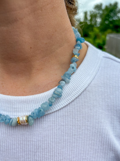 Aquamarine Chip Bead Necklace + Cultured Pearl