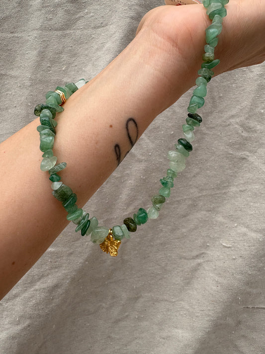 Green Aventurine Chip Necklace with Gold Butterfly Charm