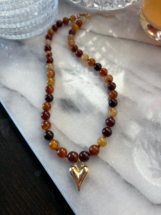 Brown Agate Heart Charm Necklace