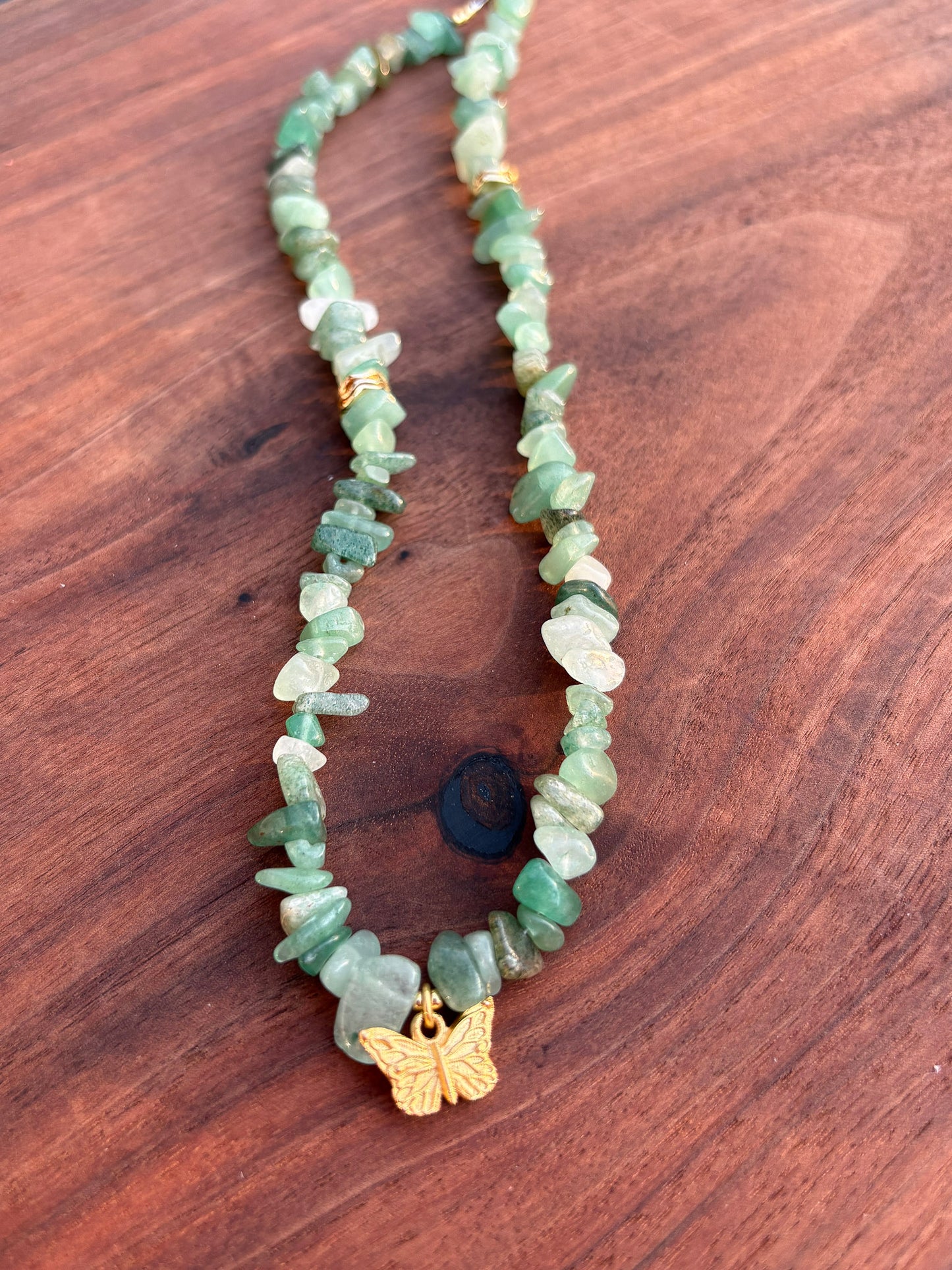 Green Aventurine Chip Necklace with Gold Butterfly Charm