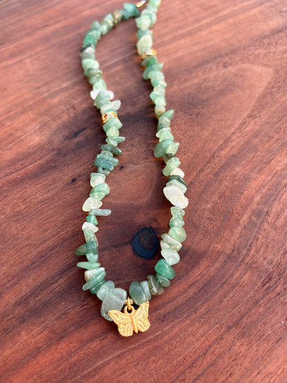 Green Aventurine Chip Necklace with Gold Butterfly Charm
