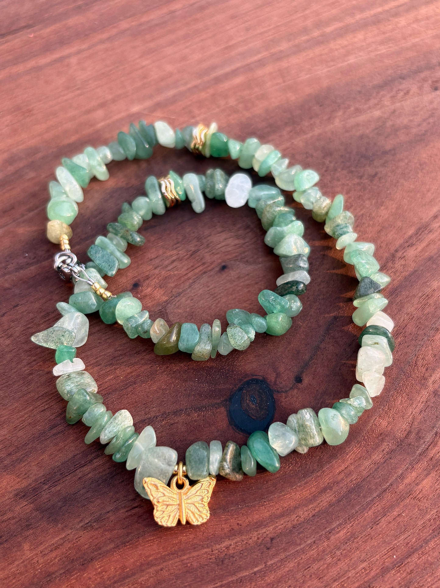 Green Aventurine Chip Necklace with Gold Butterfly Charm